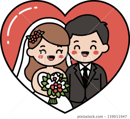 Cute Wedding Couple in Heart Frame Cartoon Style Cute Wedding Couple in Heart Frame Cartoon Style 139011947