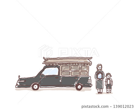 靈車，一位家長和孩子手捧逝者畫像；葬禮，追悼會，棺材離場。 139012023
