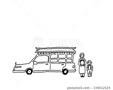 A hearse and a parent and child holding a portrait of the deceased; funeral, memorial service, procession; line drawing. A hearse and a parent and child holding a portrait of the deceased; funeral, memorial service, procession; line drawing. 139012024