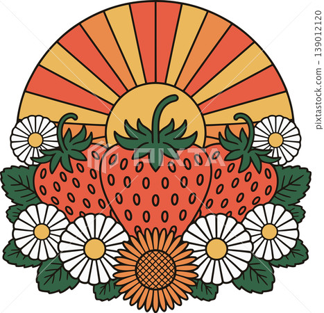 Sunburst with Strawberries and Flowers Illustration 139012120