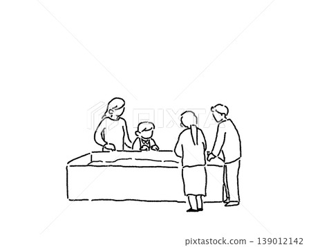 People in mourning clothes looking into a coffin (funeral, pet funeral), line drawing People in mourning clothes looking into a coffin (funeral, pet funeral), line drawing 139012142