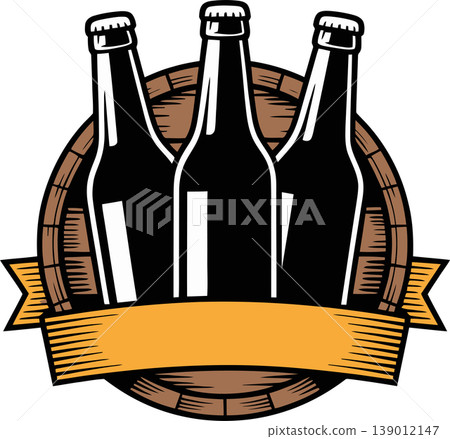 Vintage Beer Bottles on Barrel with Ribbon Banner Illustration Vintage Beer Bottles on Barrel with Ribbon Banner Illustration 139012147