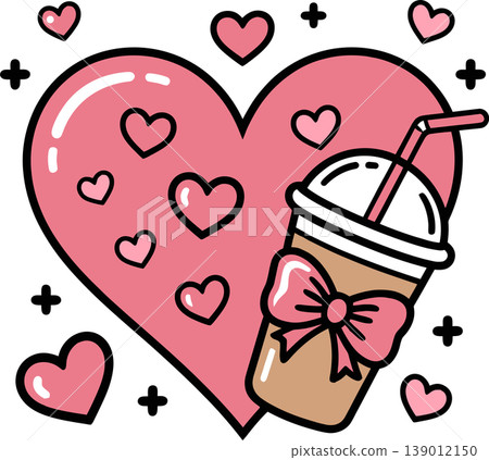 Cute Heart and Iced Coffee Cup with Bow Illustration Cute Heart and Iced Coffee Cup with Bow Illustration 139012150