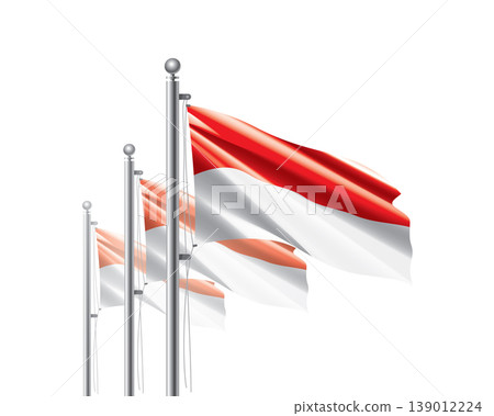 Brightly shining Indonesian flags wave proudly on tall masts during official celebration events Brightly shining Indonesian flags wave proudly on tall masts during official celebration events 139012224
