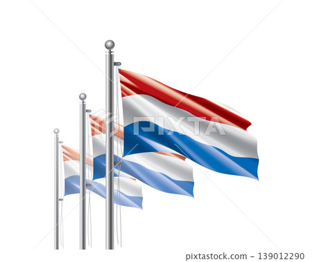 Brightly shining Netherlandish flags wave proudly on tall masts during official celebration events 139012290