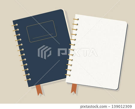 Premium Spiral Notebook Duo Vector Closed Hardcover and Open Dot Grid Pages. Academic Stationery Set with Gold Binding for Branding and Digital Planning Premium Spiral Notebook Duo Vector Closed Hardcover and Open Dot Grid Pages. Academic Stationery Set with Gold Binding for Branding and Digital Planning 139012309