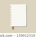 Open Spiral Notebook with Dot Grid Pages Minimalist Stationery Vector with Gold Binding and Bookmark. Flat Lay Academic Journal for Digital Planning 139012310