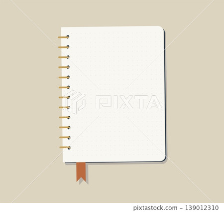 Open Spiral Notebook with Dot Grid Pages Minimalist Stationery Vector with Gold Binding and Bookmark. Flat Lay Academic Journal for Digital Planning 139012310