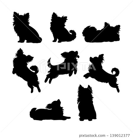 Silhouettes of playful dogs in various poses showcasing their energy and charm Silhouettes of playful dogs in various poses showcasing their energy and charm 139012377