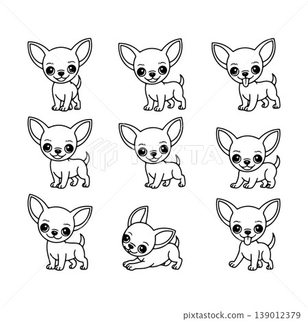 Cute chihuahua puppies in various playful poses, showcasing their adorable traits and expressions in simple line art design Cute chihuahua puppies in various playful poses, showcasing their adorable traits and expressions in simple line art design 139012379