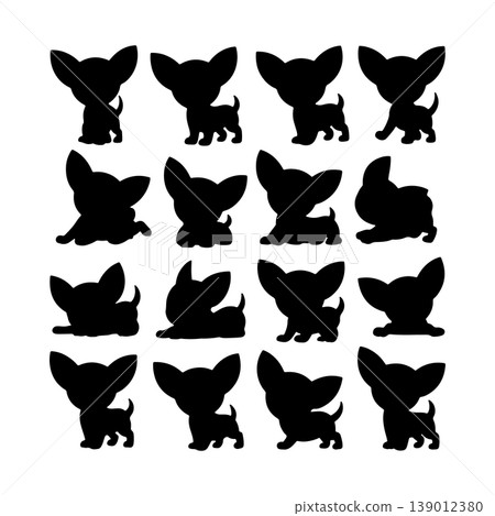 Charming silhouettes of chihuahuas in various playful poses on a white background Charming silhouettes of chihuahuas in various playful poses on a white background 139012380