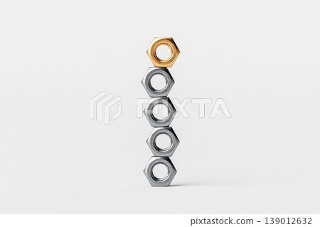 Stack of Metallic Nuts with One Gold Nut 139012632