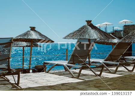 Empty beach and an amazing view of Adriatic sea near Budva, Montenegro. Beautiful sunny morning. 139013157
