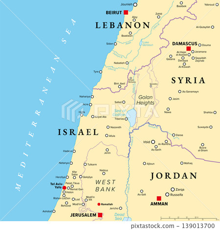 Southern Lebanon and northern Israel, political map of disputed areas in the Middle East, including the Golan Heights, and western parts of Syria and Jordan, with borders and largest cities. Vector 139013700
