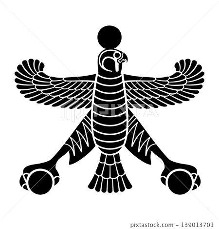 Shahbaz, a fabled bird shown with spread wings and falcon head. In Persian mythology a god who guided the Iranian peoples. Used on standards since Cyrus the Great. Black and white Illustration. Vector Shahbaz, a fabled bird shown with spread wings and falcon head. In Persian mythology a god who guided the Iranian peoples. Used on standards since Cyrus the Great. Black and white Illustration. Vector 139013701