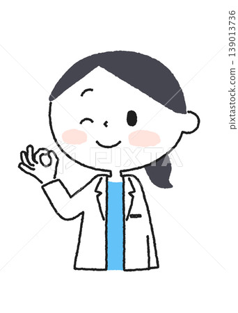 插圖描繪了一位身穿白大褂的女士做出“OK”手勢並眨眼。 插圖描繪了一位身穿白大褂的女士做出“OK”手勢並眨眼。 139013736