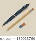 Classic Writing Tools Set Professional Dark Blue Pen, Wooden Pencil and Eraser Vector. Minimalist Stationery for Back to School and Office Branding 139013760