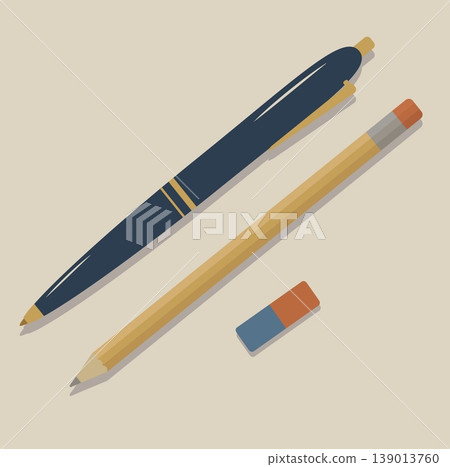 Classic Writing Tools Set Professional Dark Blue Pen, Wooden Pencil and Eraser Vector. Minimalist Stationery for Back to School and Office Branding 139013760