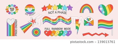 Happy Pride LGBTQ element set. LGBTQ community symbols with floral rainbow, jigsaw, quote. Elements illustrated for pride month, bisexual, transgender, gender equality, sticker, rights concept. 139013761