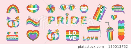 Happy Pride LGBTQ element set. LGBTQ community symbols with floral rainbow, jigsaw, quote. Elements illustrated for pride month, bisexual, transgender, gender equality, sticker, rights concept. Happy Pride LGBTQ element set. LGBTQ community symbols with floral rainbow, jigsaw, quote. Elements illustrated for pride month, bisexual, transgender, gender equality, sticker, rights concept. 139013762