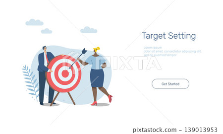 Setting business goals, Business motivation or financial goals, growth, Advertising media design concept, Banner sign. Mobile app. Web template. Team of businessmen holding targets and arrow. Setting business goals, Business motivation or financial goals, growth, Advertising media design concept, Banner sign. Mobile app. Web template. Team of businessmen holding targets and arrow. 139013953