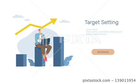 Setting business goals, Business motivation or financial goals, growth, Advertising media design concept, Banner sign. Mobile app. Web template. Businessman sitting on a growing bar graph. Setting business goals, Business motivation or financial goals, growth, Advertising media design concept, Banner sign. Mobile app. Web template. Businessman sitting on a growing bar graph. 139013954