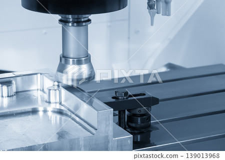 Industrial CNC milling process: rough cutting aluminum parts using a high-efficiency indexable tool. Industrial CNC milling process: rough cutting aluminum parts using a high-efficiency indexable tool. 139013968