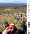 Person enjoying apple on mountain top with scenic view 139014140