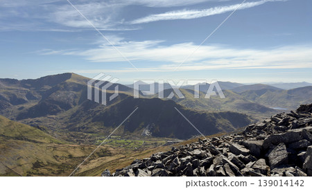 Welsh mountain landscape vast view with rocks and valley Welsh mountain landscape vast view with rocks and valley 139014142