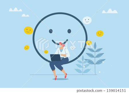 Optimism attitude or positive thinking, Emotional intelligence inspires and brings happiness in work and life, Businesswoman sits with a smiling face in a good atmosphere. Vector design illustration. 139014151