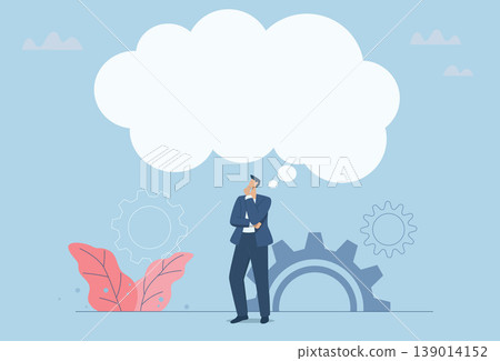 Big thinking, Creative concept of big opportunity, Future looking idea, Ambitious imagination and far reaching vision, Businessman standing thinking with blank space or big bubble. Vector design. Big thinking, Creative concept of big opportunity, Future looking idea, Ambitious imagination and far reaching vision, Businessman standing thinking with blank space or big bubble. Vector design. 139014152