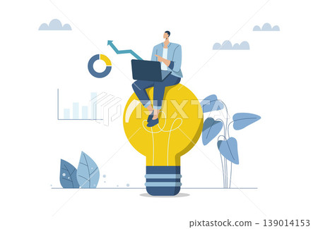 Creativity and inspiration lead to success in work, Ideas about innovation and how to create opportunities for companies to grow and prosper, Businessman sitting and working on a big light bulb. Creativity and inspiration lead to success in work, Ideas about innovation and how to create opportunities for companies to grow and prosper, Businessman sitting and working on a big light bulb. 139014153