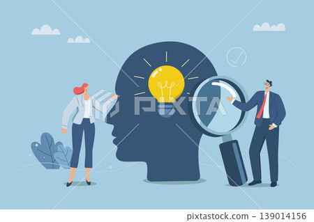 Sharing positive business ideas, Optimism or good attitude, How to solve problems, Emotional intelligence inspires and brings happiness to work, Light bulb in human head with business team. Sharing positive business ideas, Optimism or good attitude, How to solve problems, Emotional intelligence inspires and brings happiness to work, Light bulb in human head with business team. 139014156