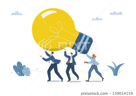 Teamwork that creates big ideas, Drive team success that enables the company to reach its goals, Developing efficient processes, Team of businessmen is holding large light bulb. Vector illustration Teamwork that creates big ideas, Drive team success that enables the company to reach its goals, Developing efficient processes, Team of businessmen is holding large light bulb. Vector illustration 139014159