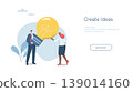 Teamwork creating big ideas, business creativity, advertising media design concept, banner sign. Mobile app. Web template. Team of business people holding big light bulb. Vector design illustration. 139014160
