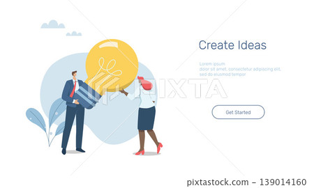 Teamwork creating big ideas, business creativity, advertising media design concept, banner sign. Mobile app. Web template. Team of business people holding big light bulb. Vector design illustration. Teamwork creating big ideas, business creativity, advertising media design concept, banner sign. Mobile app. Web template. Team of business people holding big light bulb. Vector design illustration. 139014160