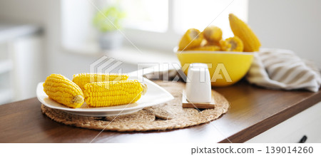 Freshly Boiled Corn Cobs On Plate Freshly Boiled Corn Cobs On Plate 139014260
