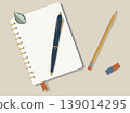 Botanical Academic Workspace Flat Lay Open Dot Grid Notebook with Sage Green Leaf, Elegant Pen and Pencil. Eco-Friendly Stationery Vector Design 139014295