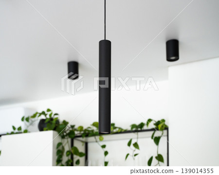 Modern minimalist style black pendant light hanging from a white ceiling, blending seamlessly with contemporary interior design, with plants in background Modern minimalist style black pendant light hanging from a white ceiling, blending seamlessly with contemporary interior design, with plants in background 139014355