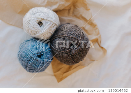 Skeins of woolen yarn for hand knitting. Concept for handmade. 139014462