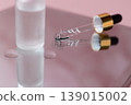 Cosmetic serum dropper with clear liquid and frosted glass bottle on pink reflective surface, skincare essence texture, beauty product concept 139015002