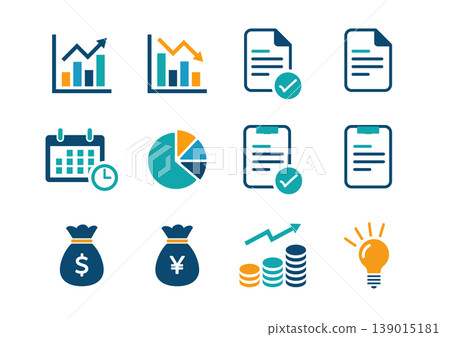 A simple icon set representing business analysis and growth: Graphs, Documents, Calendars, Currency, Light Bulbs, etc. A simple icon set representing business analysis and growth: Graphs, Documents, Calendars, Currency, Light Bulbs, etc. 139015181