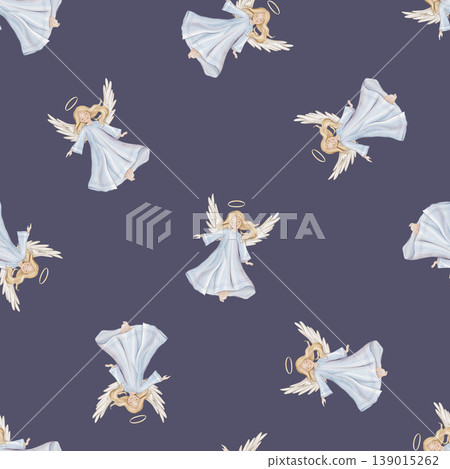 Seamless pattern with cute Christmas angel with light hair and blue dress in minimalist scandinavian style. Hand drawn illustration repeat ornament with children's design. Seamless pattern with cute Christmas angel with light hair and blue dress in minimalist scandinavian style. Hand drawn illustration repeat ornament with children's design. 139015262