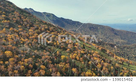 【航拍】大雪山黑岳雄偉的山坡!秋色絢麗的森林中,一座山間小屋靜靜佇立,構成一幅壯麗的全景圖。 【航拍】大雪山黑岳雄偉的山坡!秋色絢麗的森林中,一座山間小屋靜靜佇立,構成一幅壯麗的全景圖。 139015402