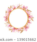 Gold round frame with watercolor pink flowers and beige leaves. Golden glitter circle border. Botanical illustration. Hand drawn 139015662