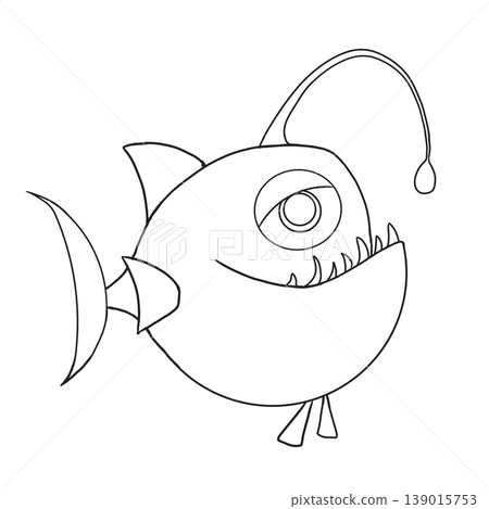 A cute purple hand-drawn anglerfish with a glowing lure on a white background. A cute purple hand-drawn anglerfish with a glowing lure on a white background. 139015753