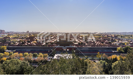 High angle panoramic view of the Forbidden City in Beijing from the North gate with morning sun 139015939