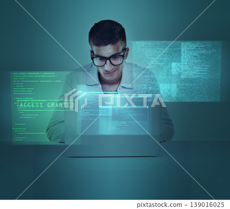 Laptop, overlay and database with a hacker man in studio on a blue background for cybersecurity or networking. Computer, information technology and cloud computing with a software engineer at work Laptop, overlay and database with a hacker man in studio on a blue background for cybersecurity or networking. Computer, information technology and cloud computing with a software engineer at work 139016025