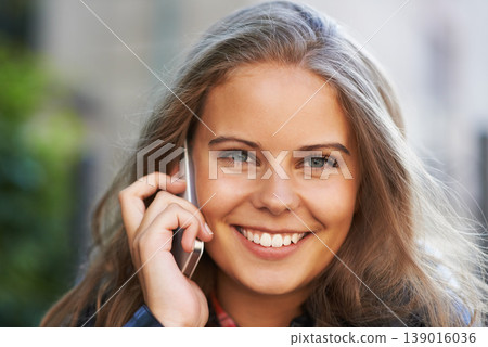 Phone call, portrait and happy woman outdoor, listening to news and communication with contact. Smile, conversation and face of person on mobile smartphone technology, discussion or online connection 139016036