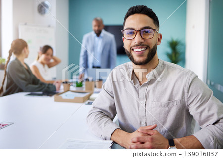Office, meeting and portrait of business man for conversation, collaboration and discussion. Corporate team, company and face of person with staff for brainstorming, planning and project feedback 139016037